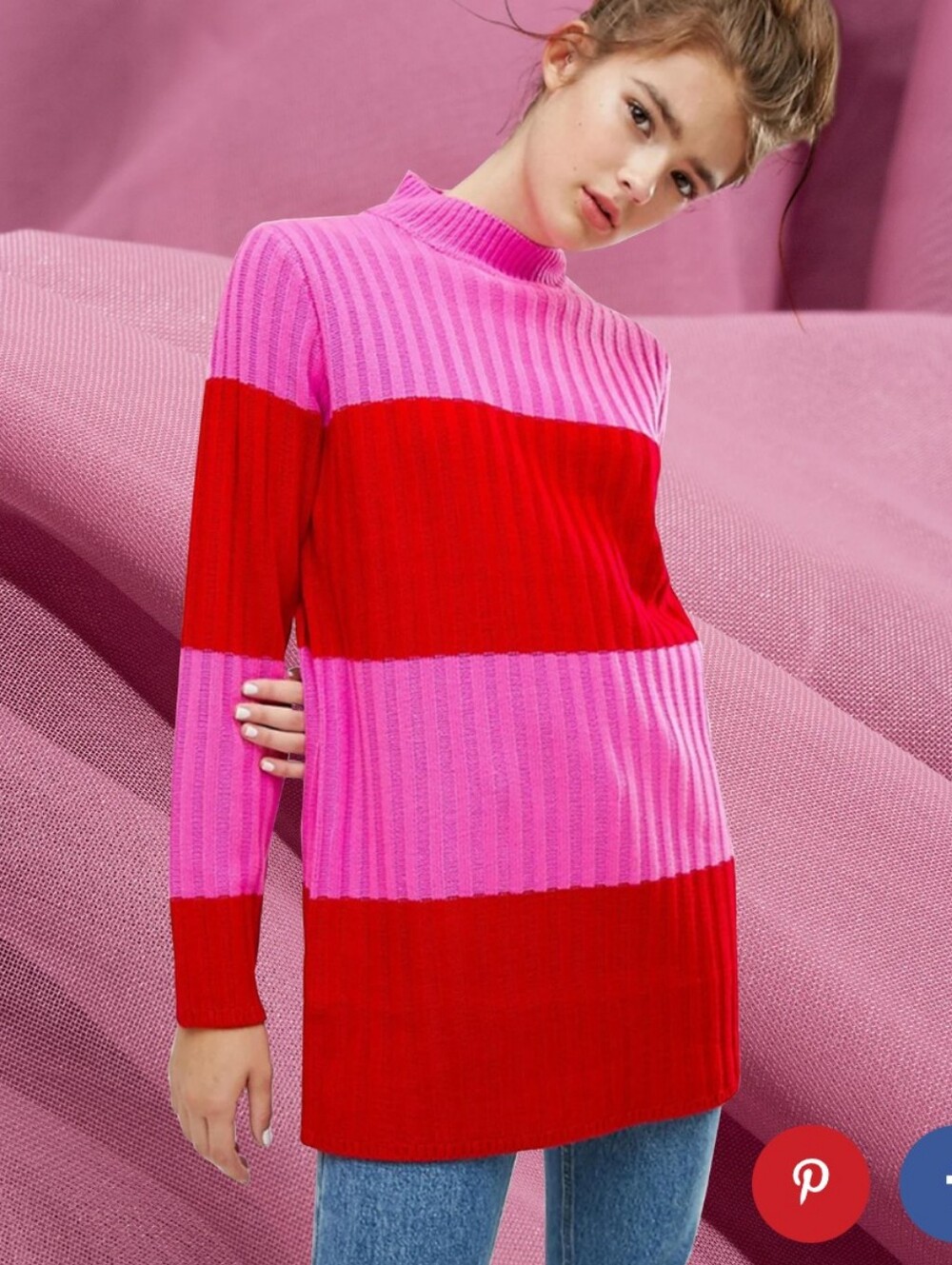 ELK Pink and Red Striped Ribbed Sweater Tunic